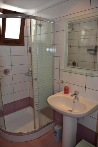 a bathroom with a sink and a shower at Geroulis Stefanos Studios in Vasiliki