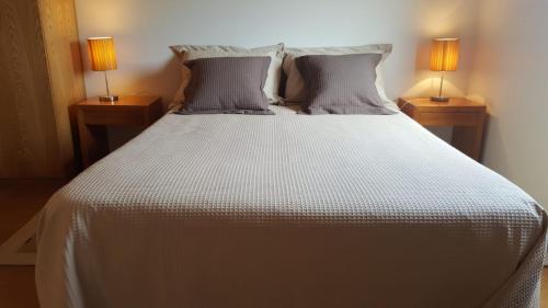 ラメーゴにあるQuinta Do Acipreste (Antiga Quinta Da Torre)のベッドルーム1室(大型ベッド1台、ランプ2つ付)