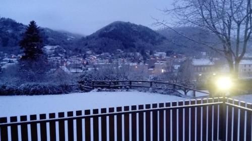 a snow covered city with a fence and a city at Hôtel St Joseph in Vic-sur-Cère