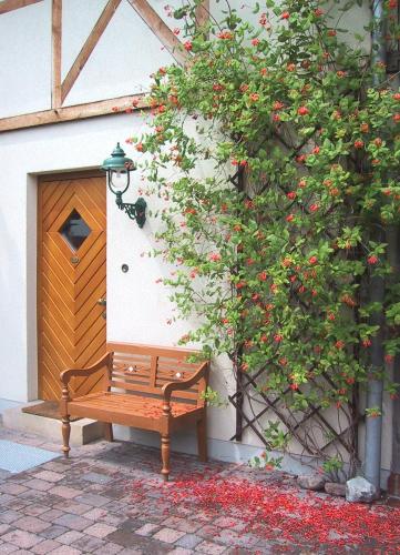 a wooden bench next to a building with a bush with red flowers at Ferien in Himmelpfort in Himmelpfort