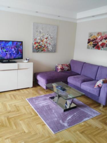 a living room with a purple couch and a tv at Vlado Apartment in Belgrade
