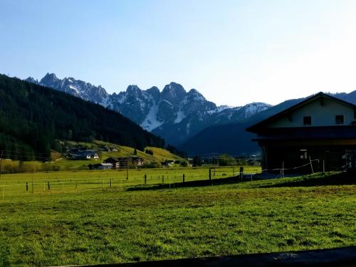 a field with a house and mountains in the background at Pension Edelweiss Top 25 in Gosau