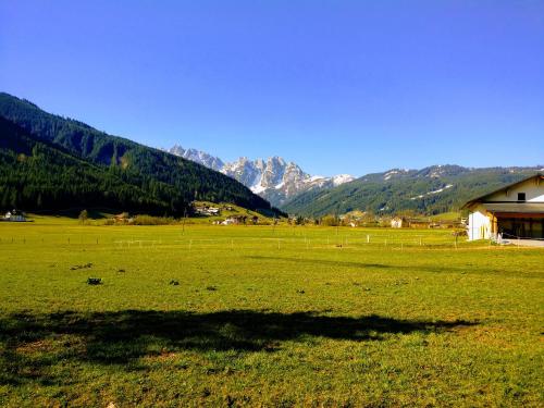 a large green field with mountains in the background at Pension Edelweiss Top 25 in Gosau