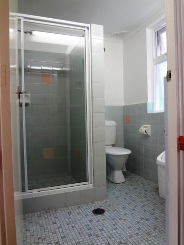 a bathroom with a shower and a toilet at Three Explorers Motel in Katoomba