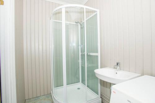 a bathroom with a glass shower and a sink at Vrangfoss Sluse in Nes