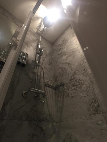 a shower in a bathroom with a marble wall at Ueno Hirokoji 428 in Taipei
