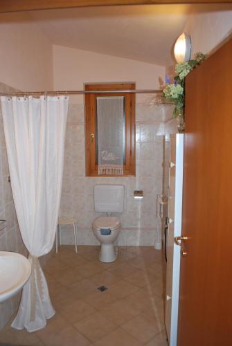 a bathroom with a toilet and a sink and a curtain at Casa S.Maria in Levane