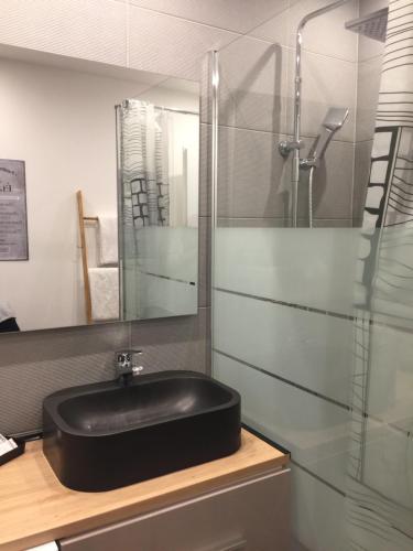 アヌシーにあるSweet Home Annecyのバスルーム(黒い洗面台、ガラス張りのシャワー付)