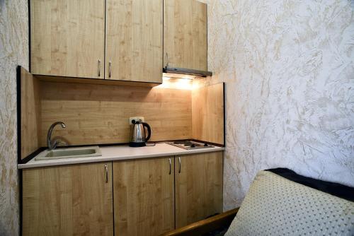 a small kitchen with wooden cabinets and a sink at Logovo Hostel in Odesa