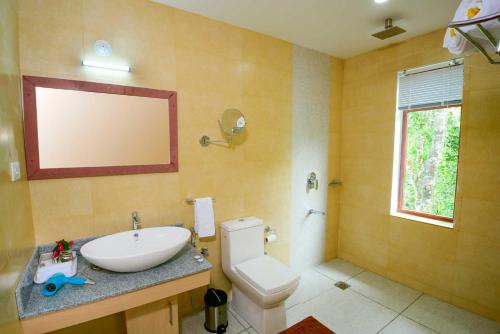 a bathroom with a sink and a toilet and a mirror at Spice Villa Thekkady in Thekkady