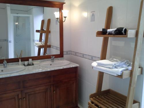 een badkamer met 2 wastafels en een grote spiegel bij GUTKOWSKI Jacqueline in Saint-Philbert-de-Bouaine