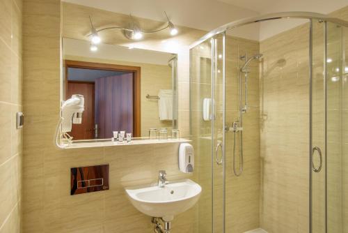 uma casa de banho com um lavatório e uma cabina de duche em vidro. em Hotel Krakus na Cracóvia