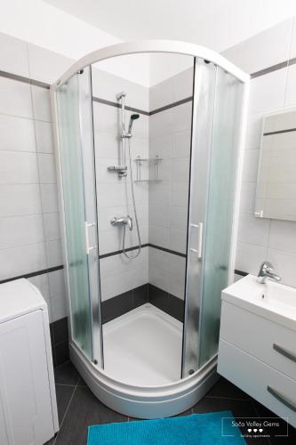 a shower with a glass door in a bathroom at Emerald Soca Apartment in Tolmin