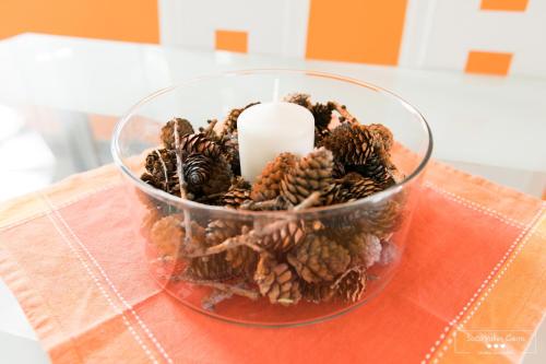 a vase filled with pine cones and a candle at Emerald Soca Apartment in Tolmin