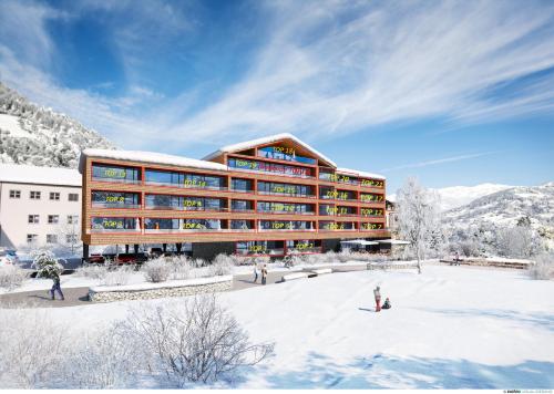 a rendering of a building in the snow at Schönblick Residence Apartments - including summer & mobility card in Zell am See