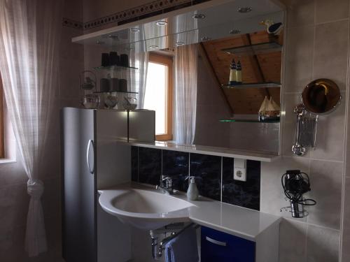 La salle de bains est pourvue d'un lavabo et d'un miroir. dans l'établissement Haus am Südfrüchtegarten, à Rhodt unter Rietburg