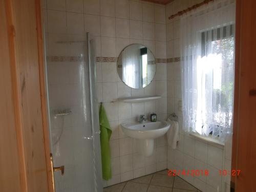 a bathroom with a sink and a shower and a mirror at Ferienwohnung Luzinblick in Feldberg