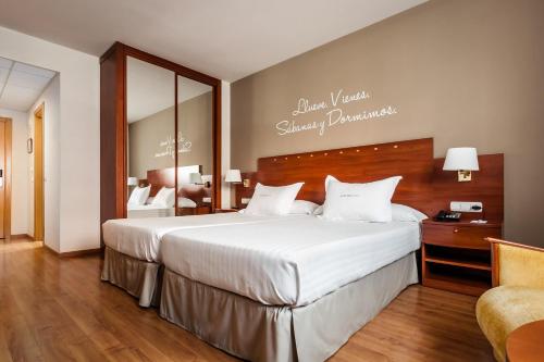 a bedroom with a large bed and a mirror at Avenida Hotel in Almería