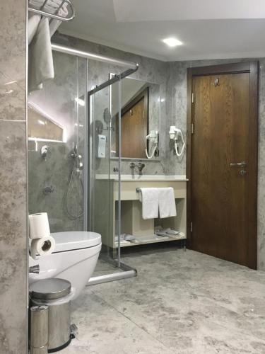 un bagno con wc e doccia in vetro di The Elegant Hotel a Istanbul