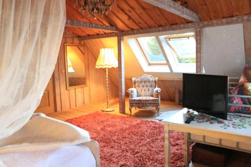 um quarto com uma cama, uma televisão e uma cadeira em Ziemeļu terases em Sausnēja