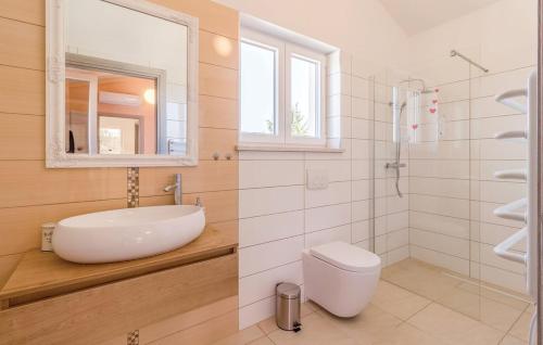 a bathroom with a sink and a toilet and a mirror at Villa Peroj 1525 in Peroj