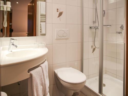 a bathroom with a toilet and a sink and a shower at Gästehaus Gühring in Rosenfeld