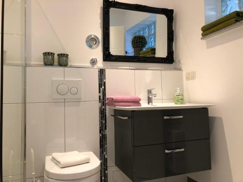 ein Badezimmer mit einem WC, einem Waschbecken und einem Spiegel in der Unterkunft Hamptons No.2 in Scharbeutz