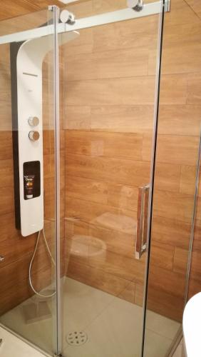 a shower with a glass door in a bathroom at Bellavista Eremitaggio in Torri del Benaco