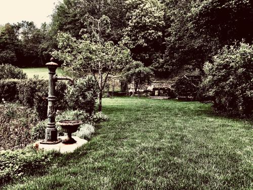 a black and white photo of a birdbath in a yard at PIPPO'S LITTLE RESORT/2 in Poppi