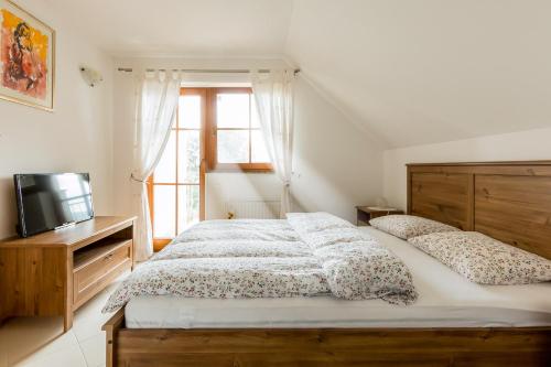 um quarto com uma cama grande e uma televisão em Turistična kmetija Kaloh em Maribor