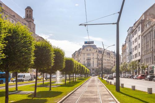 a street lined with trees on a city street at Synagogue Apartment Dohány in Budapest