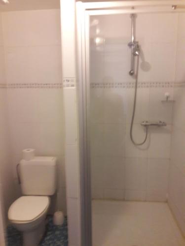 a bathroom with a toilet and a glass shower at hotel Melissa in Péruwelz
