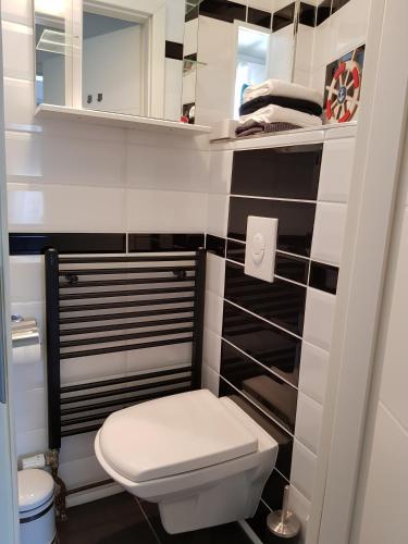 a bathroom with a white toilet and black and white tiles at Nicky in Emden