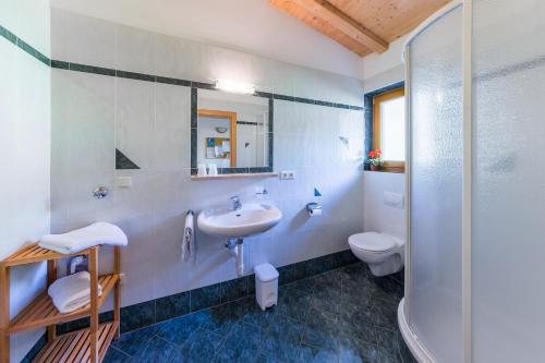 a bathroom with a sink and a toilet and a shower at Pardellerhof Ferienhaus in Luson