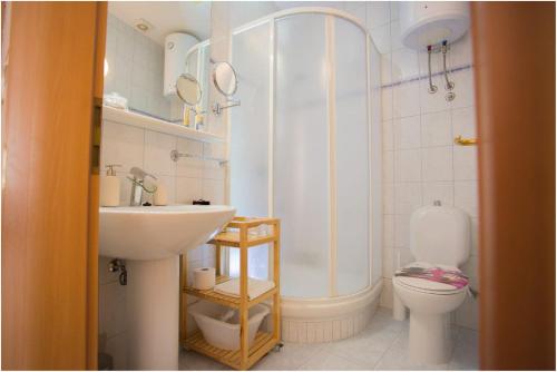 ein Bad mit einem Waschbecken, einem WC und einer Dusche in der Unterkunft Apartments Maja in Podstrana