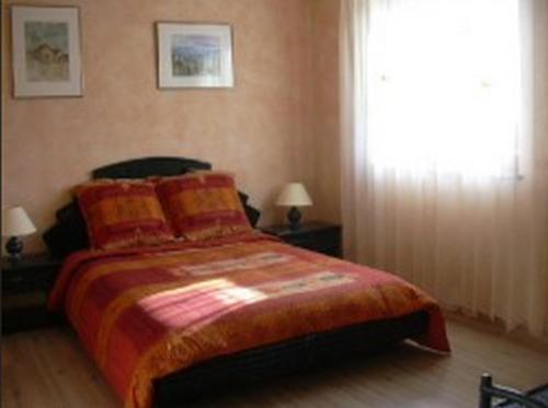 a bedroom with a bed with a red blanket and a window at Vignoble in Bennwihr