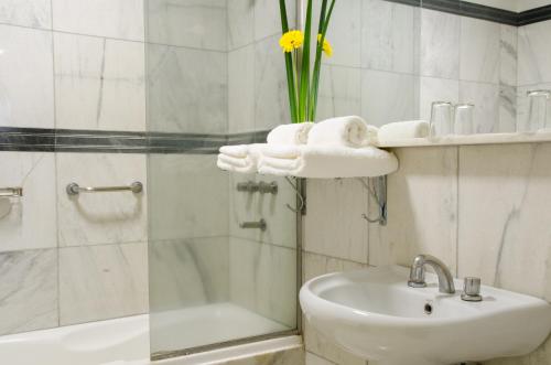 a bathroom with a shower and a sink and a toilet at San Nicolas Plaza in San Nicolás de los Arroyos