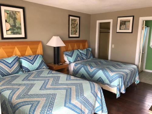 una habitación de hotel con 2 camas y una lámpara en Avon Motel, en Avon