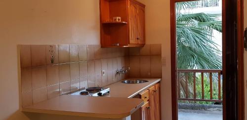 cocina con encimera, fregadero y ventana en Ilios Apartments, en Poros