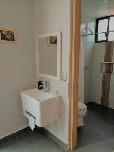 a bathroom with a white sink and a toilet at Maria Ines Hotel Suite in Oaxaca City
