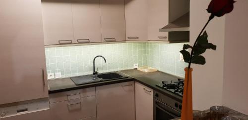 a kitchen with white cabinets and a sink at Center Apartment Čakovec in Čakovec