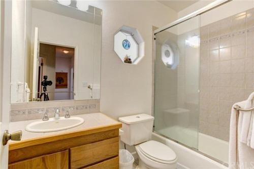 a bathroom with a toilet and a sink and a shower at Pine Arbor Retreat in Yosemite West