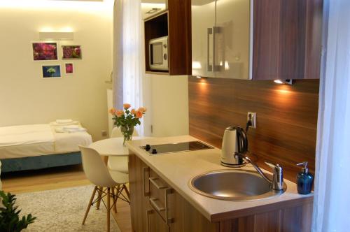eine Küche mit einem Waschbecken und ein Bett in einem Zimmer in der Unterkunft Villa Star in Misdroy