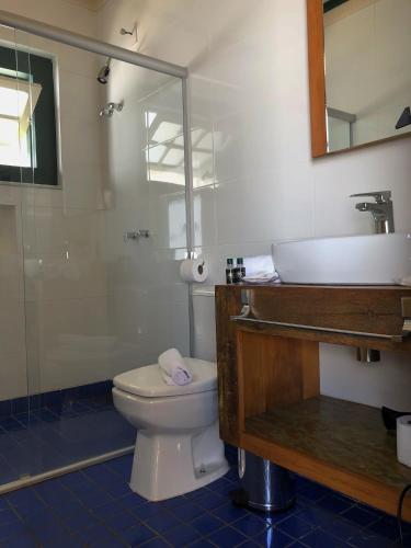 a bathroom with a toilet and a sink and a mirror at Pousada Vovô Chiquinho in Tiradentes