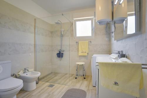Un baño con inodoro, lavabo y ducha. en Villa Fiorina, en Krnica