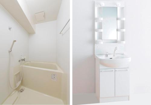 ein Badezimmer mit einem Waschbecken, einem WC und einem Spiegel in der Unterkunft Nice Inn Hotel Ichikawa Tokyo Bay in Urayasu