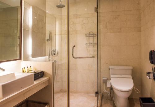 a bathroom with a shower and a toilet and a sink at Millennium Hotel Wuxi in Wuxi