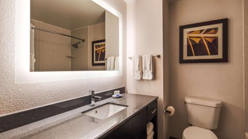 a bathroom with a sink and a toilet and a mirror at Best Western Plus Pineville-Charlotte South in Charlotte