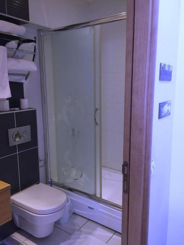 a bathroom with a shower and a toilet at Masal Otel in Kocaeli