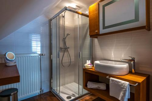 a bathroom with a glass shower and a sink at Betekints Wellness Hotel in Veszprém